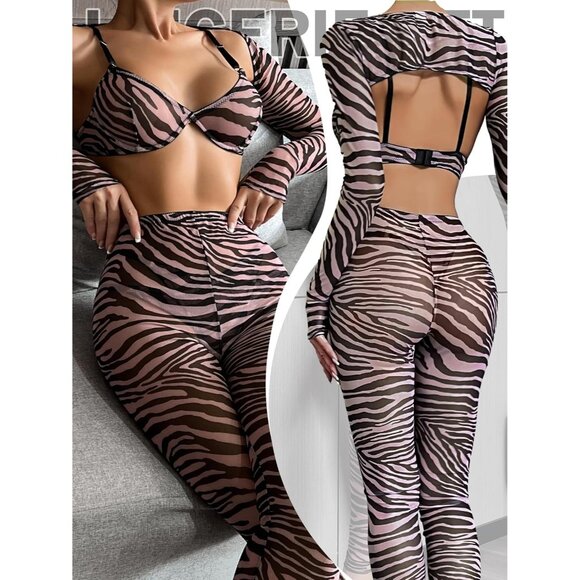 🆕Women’s Coffee Mesh Lingerie Set Animal Print Lace Bra Panty Set Polyester - Picture 3 of 6